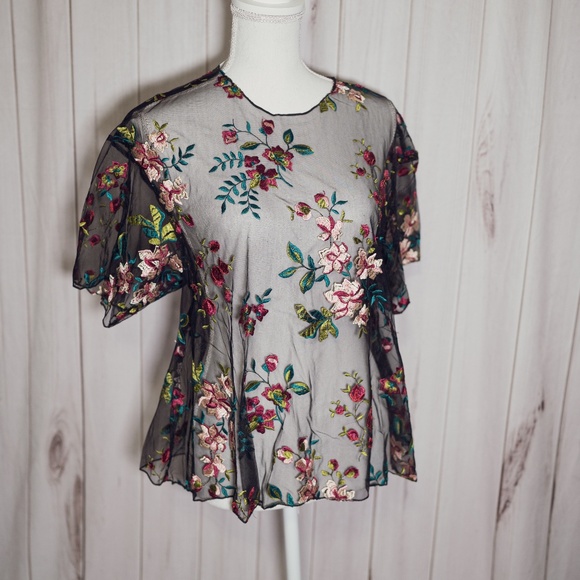 Kimchi Blue Tops - Urban Outfitters Kimchi Blue Sheer Black Floral Embroidered Top - XS - NWT